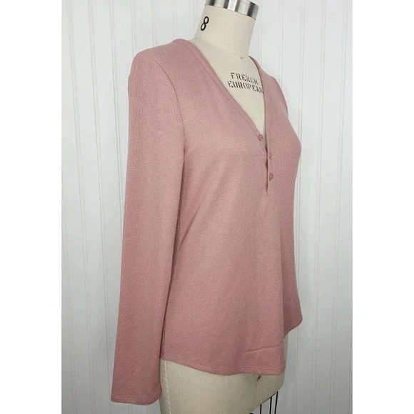 ATHLETA Wind Down Sleep Top Pink Sz M NWT Retail $49 Long Sleeve Waffle Henley - Picture 5 of 10